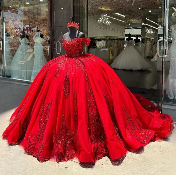 Luxury Red Quinceanera Dresses 2025 Ball Gown Beads Glitter Sequins Ap formalgowns