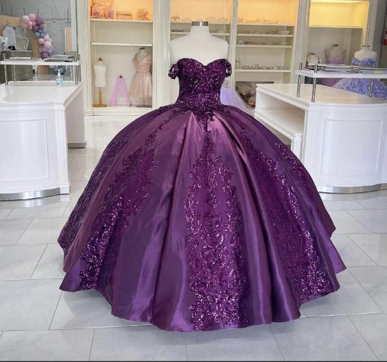 Dark Purple Ball Gown Quinceanera Dresses Bling Sequined Applique Off formalgowns