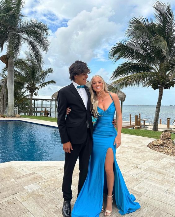 Blue v neck prom dress best sale