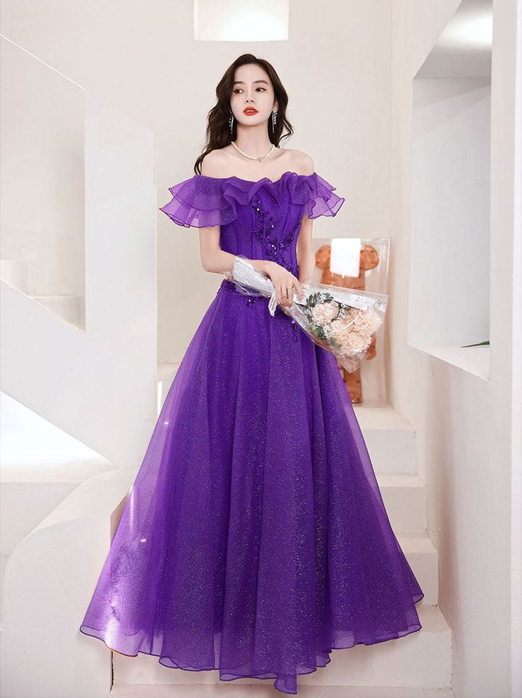 Purple Tulle Long A-Line Prom Dress, Off Shoulder Evening Dress US 6 / Purple