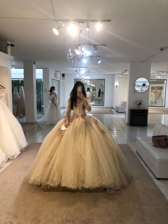 A Line Champagne Tulle Prom Dress With Flowers Puffy Quinceanera Dress formalgowns