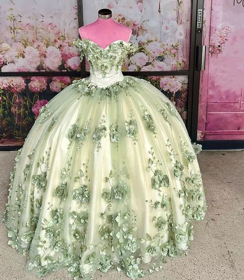 2024 New Sage Green Quinceanera Dress Plus Size 3D Flowers Pearls Prom formalgowns