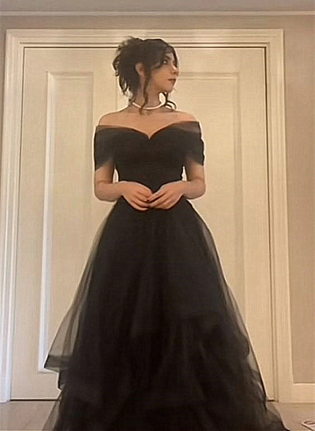 Black Off Shoulder Sweetheart Tulle Prom Dress Black Tulle A Line Par formalgowns