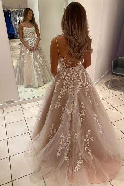 A Line Backless Lace Long Champagne Prom Dress Backless Lace Champagn formalgowns