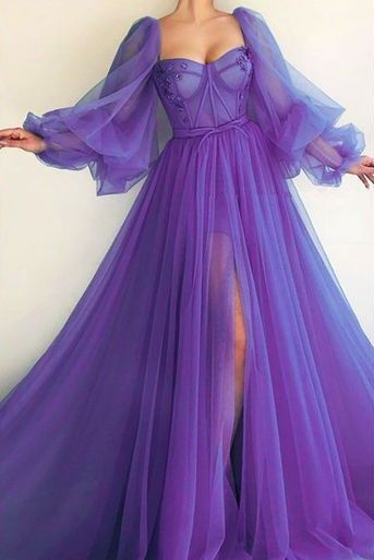 Long Purple Tulle Prom Dresses, Long Purple Tulle Formal Evening Dress -  shegown