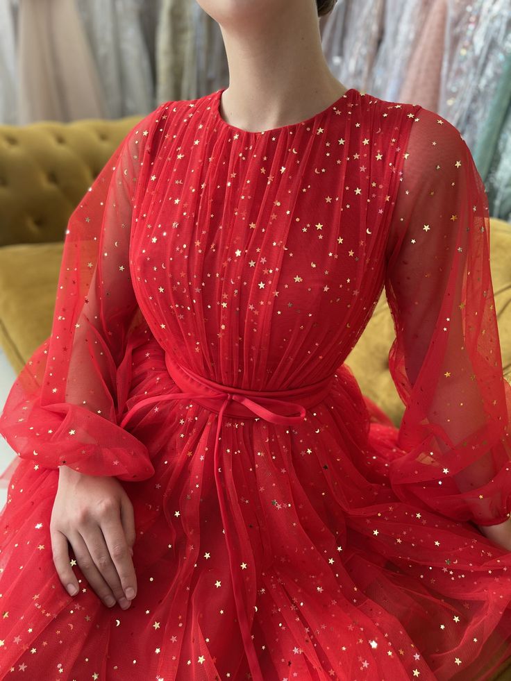 Red Tulle Long A-Line Prom Dress, Cute Short Sleeve Graduation Dress US 4 / Custom Color