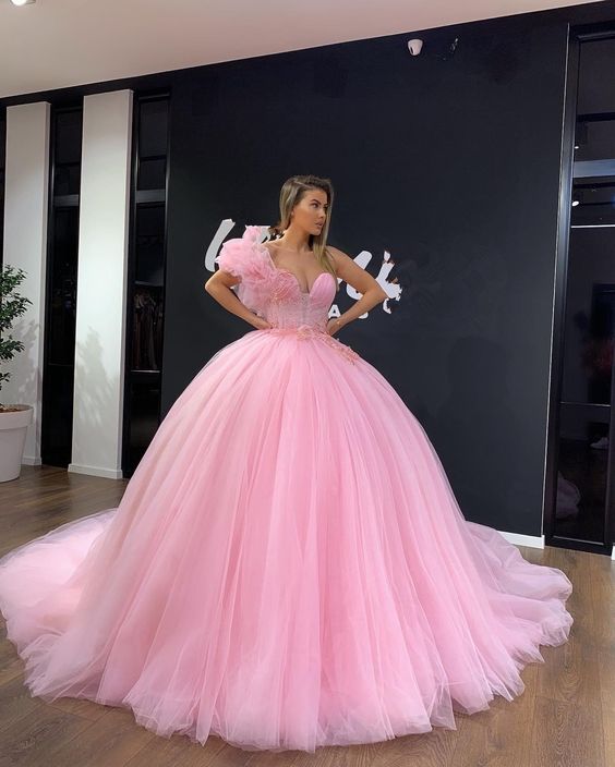 Newest A Line Pink Ball Gown Prom Dresses Evening Dress Prom Gowns F formalgowns