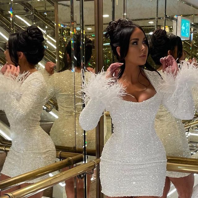 Cute Short Homecoming Dress White Sequin Long Sleeves Birthday Outfit Dress     fg5273