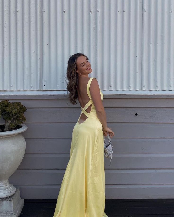 Simple Straps Yellow Backless Long Prom Dress     fg5318