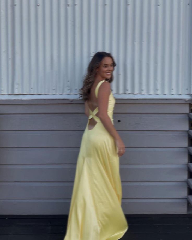 Simple Straps Yellow Backless Long Prom Dress     fg5318