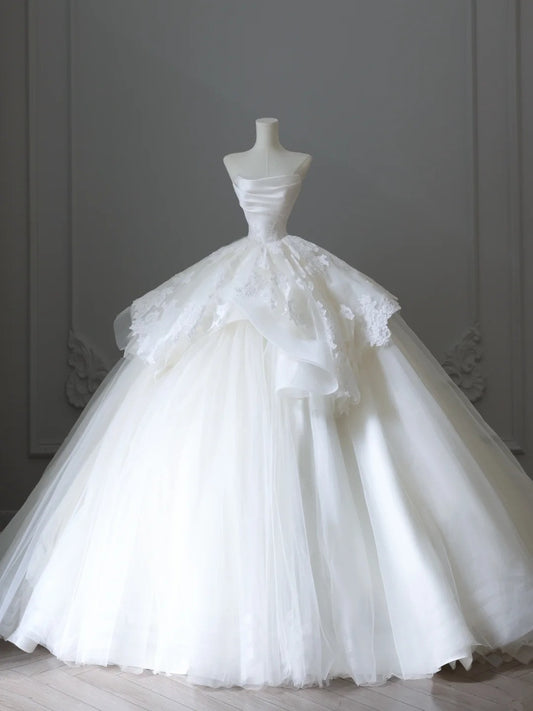 A Line Ball Gown White Tulle Long Wedding Dress Princess Bridal Gown       fg7396