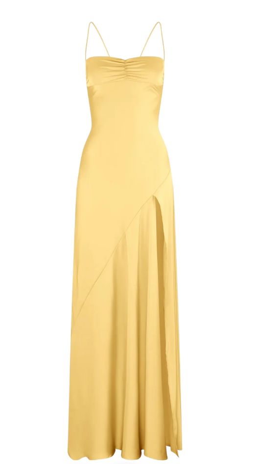 Yellow Spaghetti Straps Long Prom Dress With Slit      fg6898