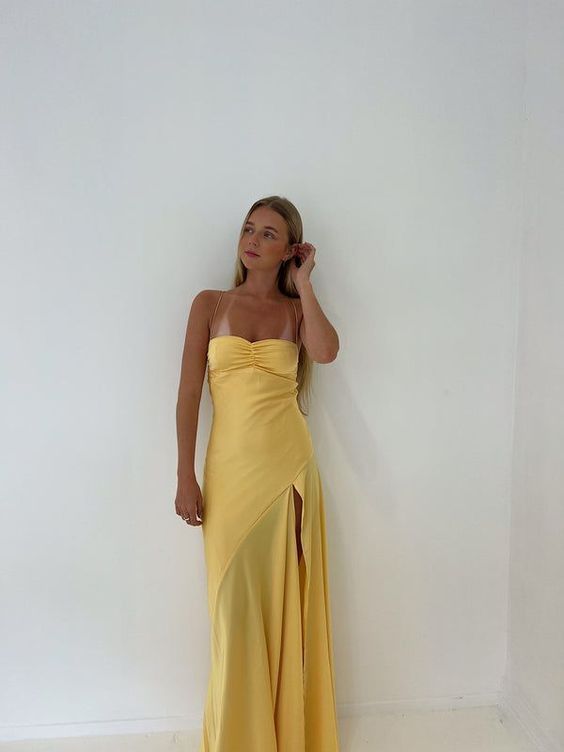 Yellow Spaghetti Straps Long Prom Dress With Slit      fg6898