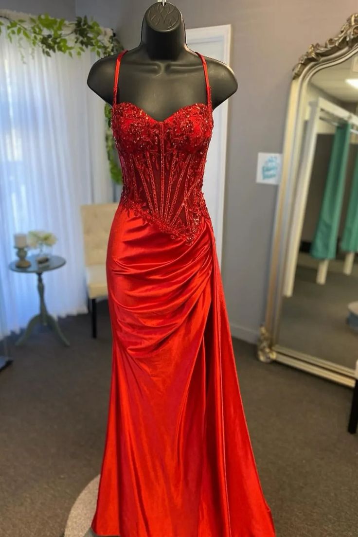 Spaghetti Straps Appliques Satin High Slit Party Prom Formal Evening Dress       fg6988