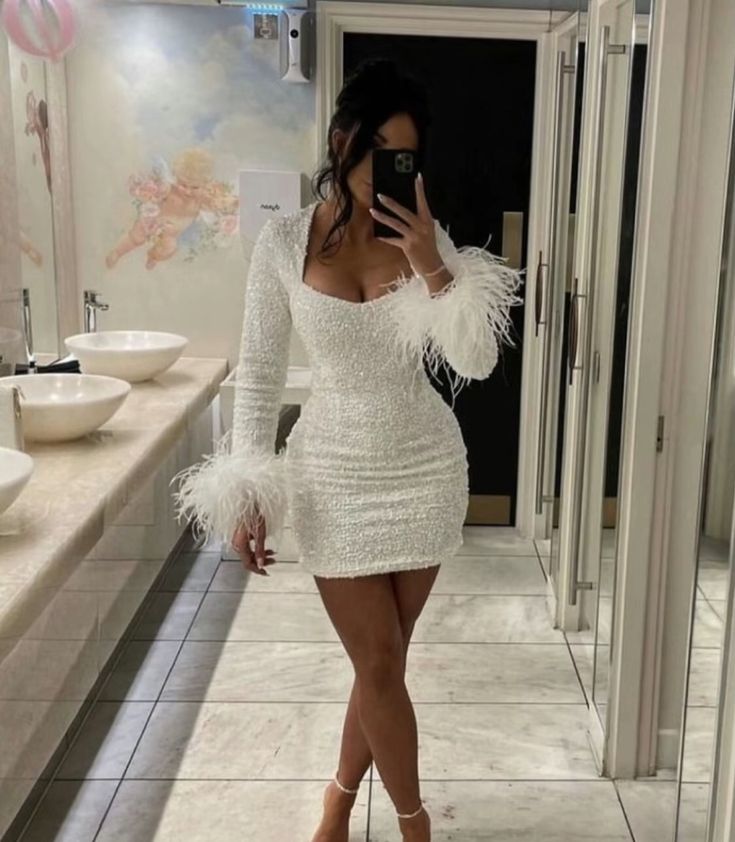 Cute Short Homecoming Dress White Sequin Long Sleeves Birthday Outfit Dress     fg5273