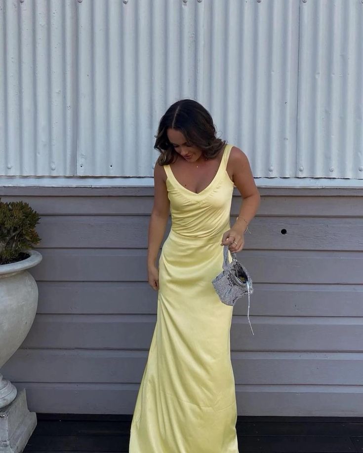 Simple Straps Yellow Backless Long Prom Dress     fg5318