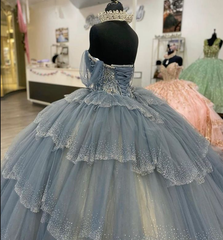 Princess Dresses Ball Gown Off Shoulder Vestido De Quinceanera Tiered Skirt Glitter Sequins Tulle 15 Masquerade Dress    fg6817