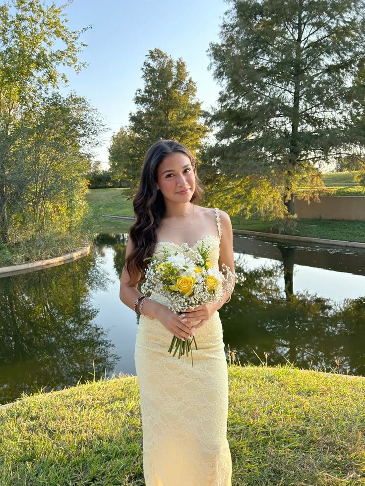 Pastel Yellow Prom Dress, Elegant Lace Evening Dress     fg7337