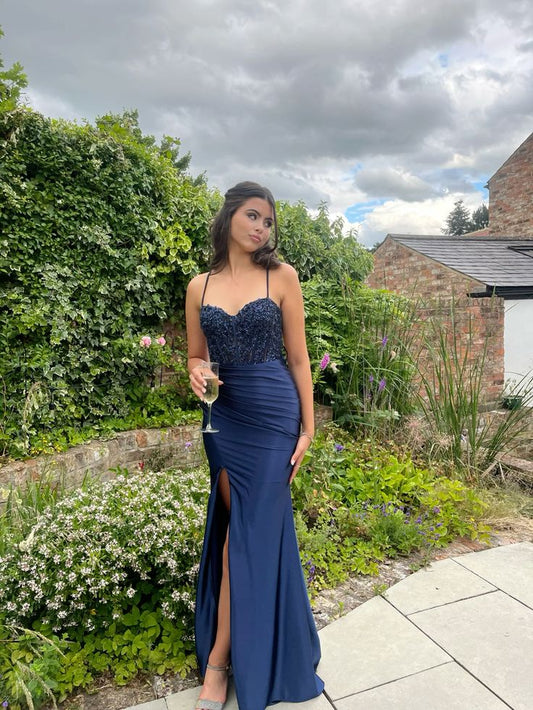 Navy Blue Long Prom Dress with Slit Elegant Evening Party Dress     fg7321