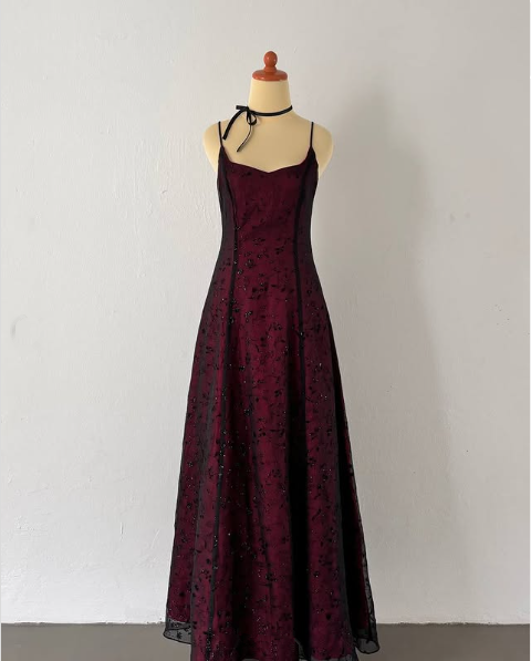 Vintage Burgundy A Line Spaghetti Straps Long Prom Dress Evening Dress      fg5212