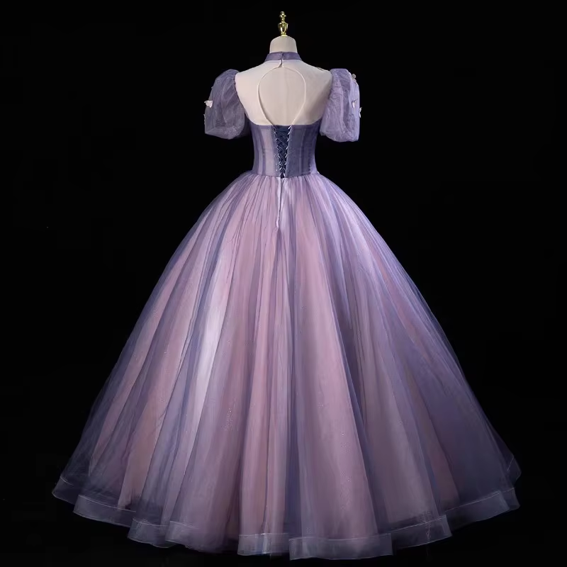 Purple Tulle Puff Sleeve Appliques Quinceanera Dress Evening Dress       fg6750