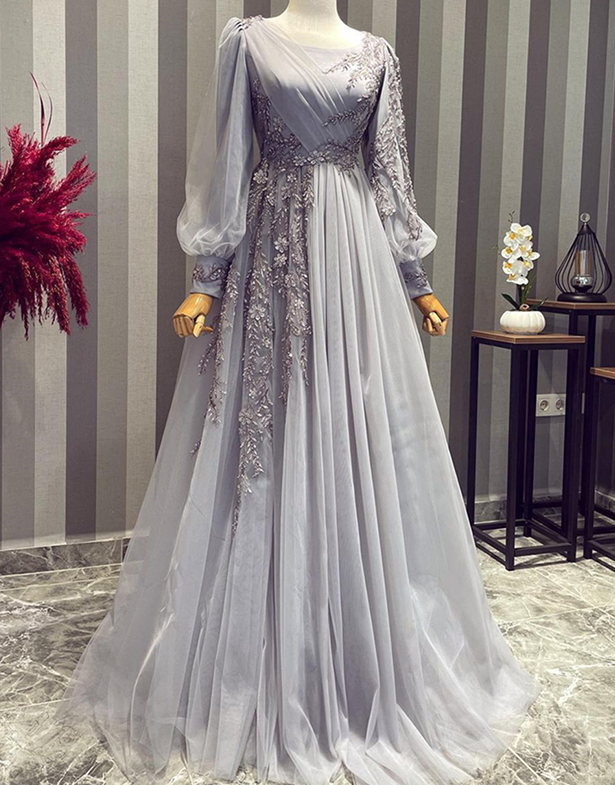 Elegant Muslim Evening Dress Long Sleeves Appliques Special Occasion Party Dress      fg6679