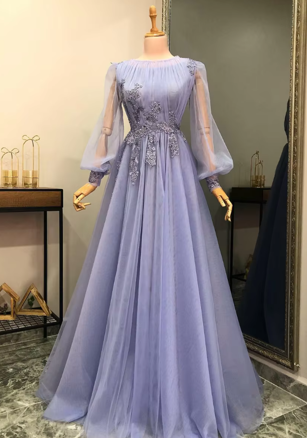 Lilac A-line Prom Dresses Appliques Lace Beading Tulle Long Sleeves Formal Evening Party Gowns       fg6674