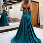 Elegant long a-line satin prom dresses v-neck split formal gown with lace appliques      fg3390