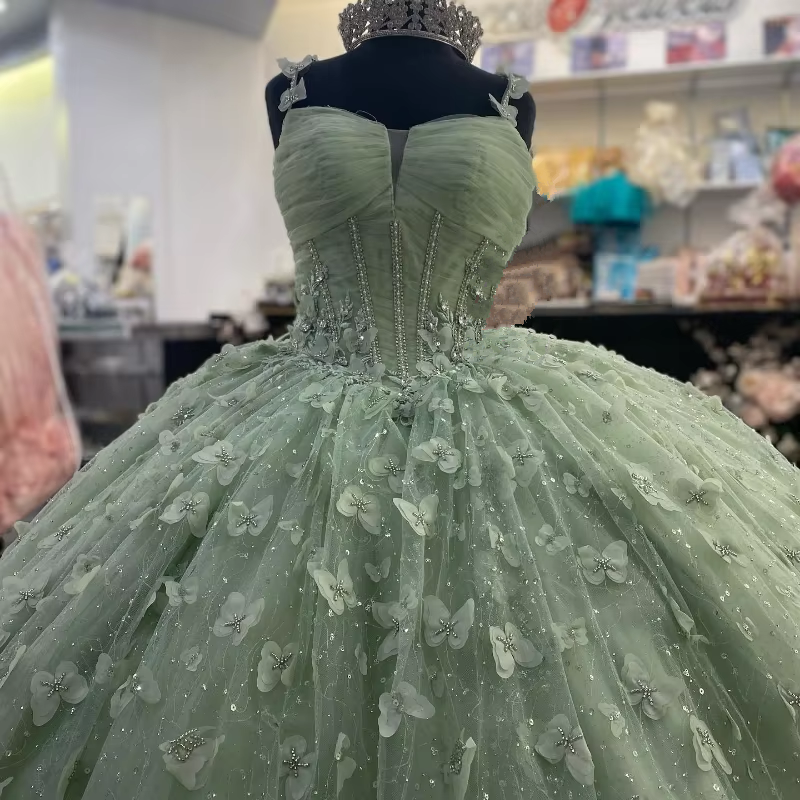 3D Butterfly Quinceanera Dresses Sage Green Ball Gowns with Crystal Corset        fg6684