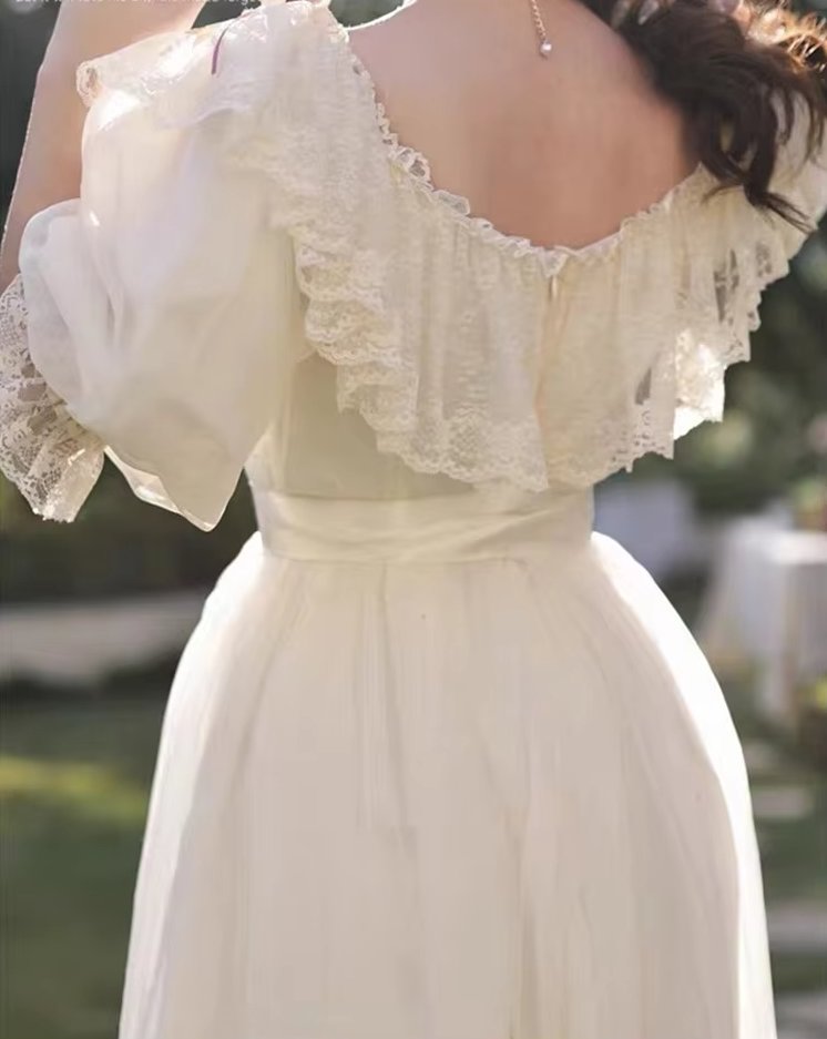 Vintage Victorian Style White Princess Dress Retro Lace Puff Sleeve  Romantic Dress     fg7265