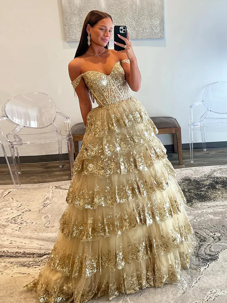 Gold A-Line Tulle Gold Sequin Long Prom Dress, Gold Long Evening Dress     fg5526