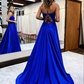 Elegant long a-line satin prom dresses v-neck split formal gown with lace appliques      fg3390