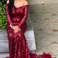 Burgundy prom dresses sparkly long sleeve off the shoulder feather mermaid prom gown      fg1622