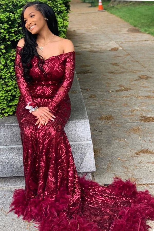 Burgundy prom dresses sparkly long sleeve off the shoulder feather mermaid prom gown      fg1622