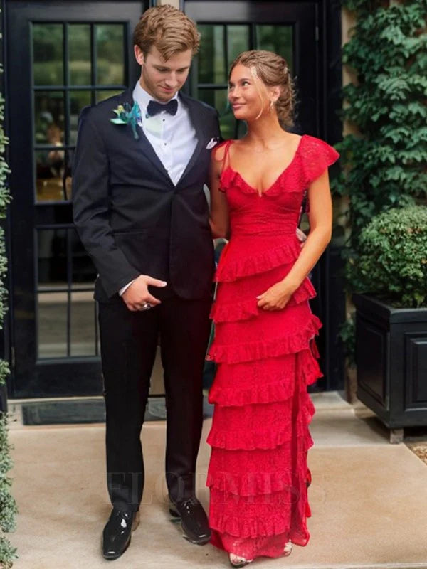 long red prom dresses, sexy lace evening dress with slit      fg833