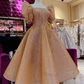 Glitter Champagne Sequined Prom Dresses Puff Short Sleeves Square Neck Ankle Length A Line Formal Evening Gowns        fg4725