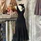 Elegant Formal Black Dresses A Line Ruffle Prom Dress Vintage Formal Dress Prom Dresses       fg7159