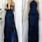 Navy Blue Floor Length Evening Dress Tulle Prom Dresses With Embroidered       fg7152