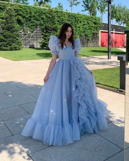 Blue Prom Dresses Short Puff Sleeves Ruffles Prom Party Gowns Princess Formal Dresses      fg7221