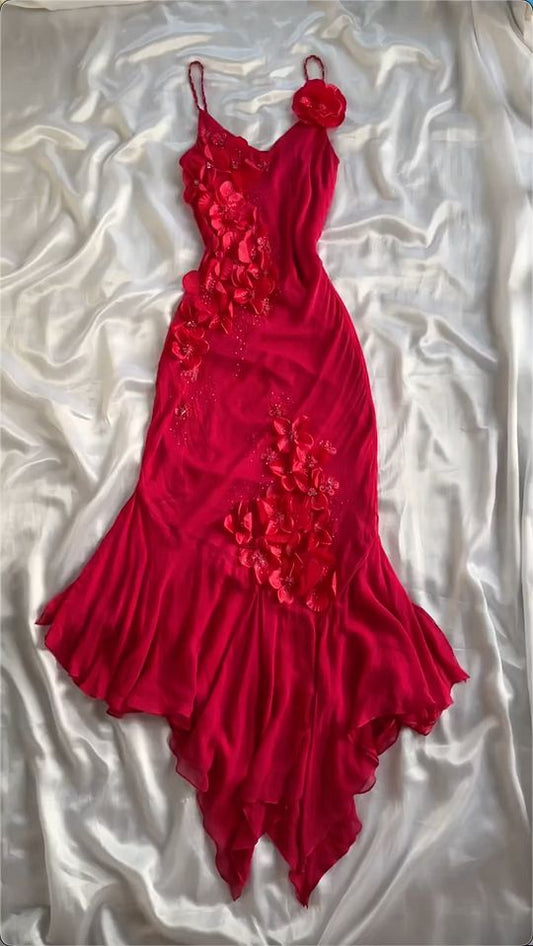 Red V-Neck Prom Dress Long Formal Dress With Flowers     fg7048