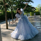 Blue Prom Dresses Short Puff Sleeves Ruffles Prom Party Gowns Princess Formal Dresses      fg7221