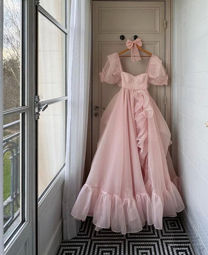 Pink Prom Dresses Short Puff Sleeves Ruffles Prom Party Gowns Princess Formal Dresses      fg7218