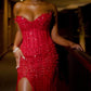 Red strapless mermaid prom dress long evening dress with slit       fg7106