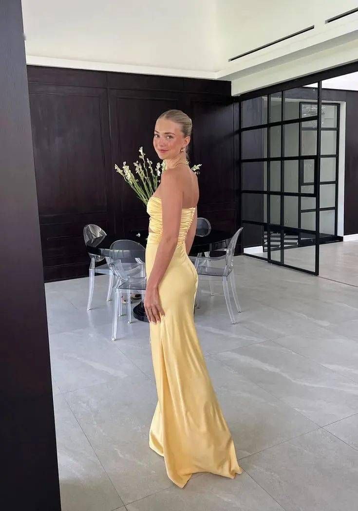 Mermaid Yellow Satin Evening Party Dress Long Prom Dress      fg7168