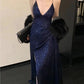 Womens Navy Sequined Slitted Spaghetti Strap V Neck Full-Length Formal Gown Dress    fg3985