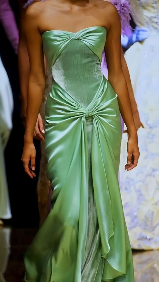 Vintage Strapless Satin Long Green Prom Dresses Evening Dress          fg7140