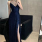 Womens Navy Sequined Slitted Spaghetti Strap V Neck Full-Length Formal Gown Dress    fg3985