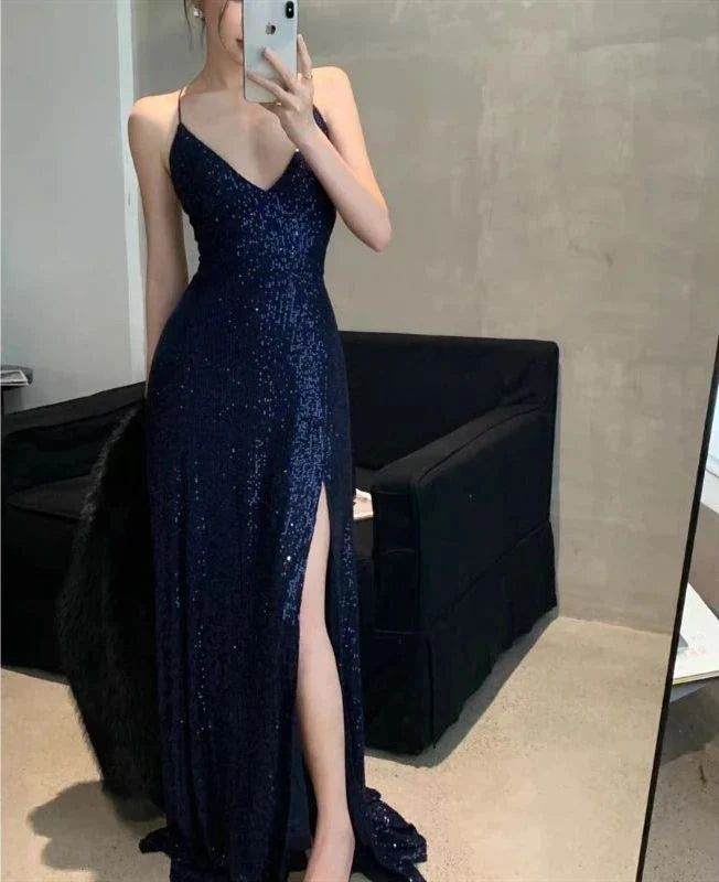 Womens Navy Sequined Slitted Spaghetti Strap V Neck Full-Length Formal Gown Dress    fg3985