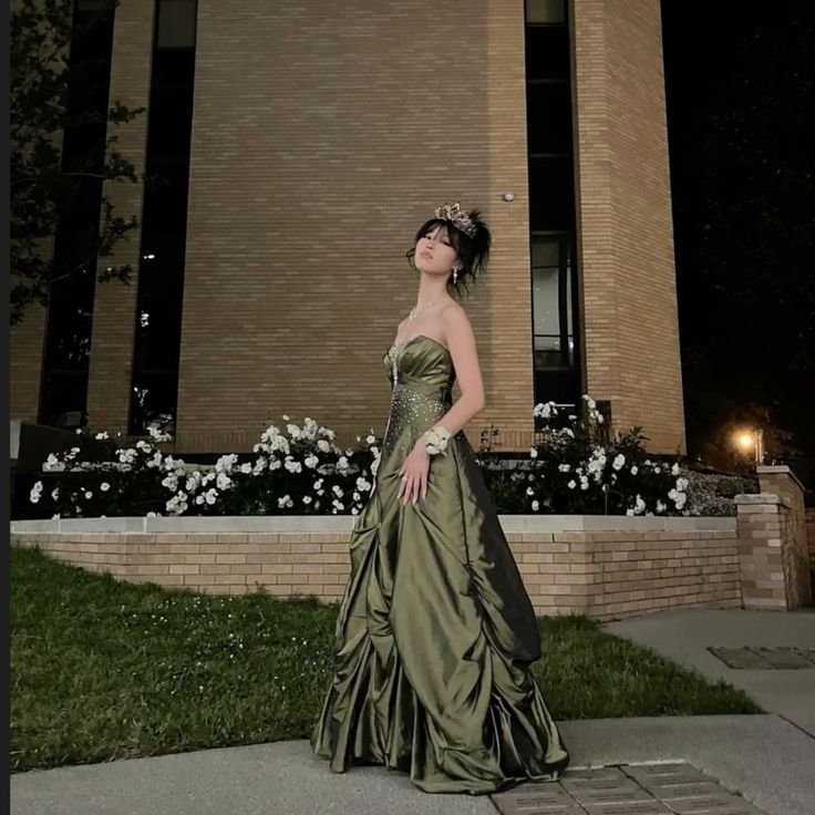 A line Strapless Green Floor Length Ball Gown Evening Dress     fg7018