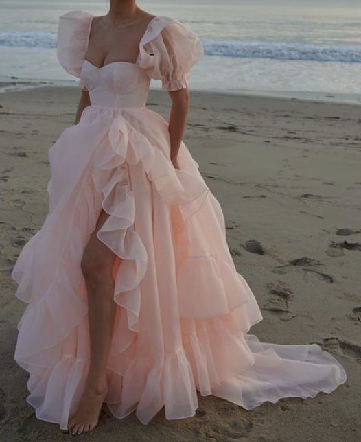 Pink Prom Dresses Short Puff Sleeves Ruffles Prom Party Gowns Princess Formal Dresses      fg7218